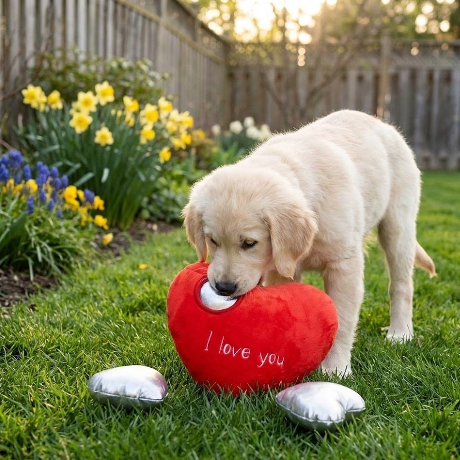MODERN WAVE - Squeaky Plush Dog Toy - Interactive Hide and Seek Squirrel Type Puzzle Toy for Dogs, Small - Medium Size (Red Heart and Silver Hearts)