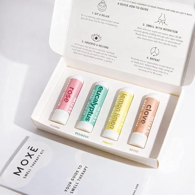 MOXE Scent Training Kit, Made in USA, 4 Essential Oils, Olfactory Regeneration, Helps Restore Sense of Scent, Natural Therapy for Anosmia, Lemon, Rose, Clove, Eucalyptus, Guidebook, Personal Log