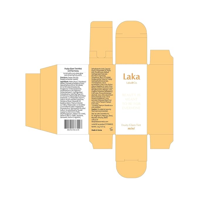 Laka Fruity Glam Lip Tint Mini, 1.9g/0.07oz, Glowing Lip Stain with Wide Color Spectrum, Hydrating & Lightweight Texture, Long-Lasting Bold Stain, Non-Sticky, Vegan, K-Beauty (#114 Harmony)