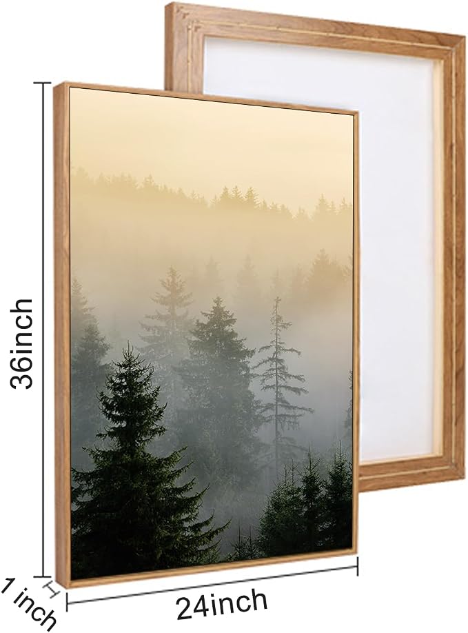 FWIEXA Misty Forest Wall Art Set Framed, Large Mountains Canvas Wall Decor, Green Nature Wall Painting, Foggy Tree Landscape Artwork 3 Panel 24x36 Inches for Living Room, Bedroom, Office, Gift