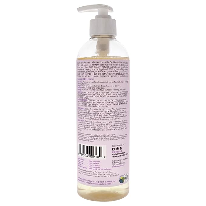 Dr. Natural Multi-Purpose Baby Plus Kids Soap, Lavender, 16 oz - Plant-Based - with Shea Butter - Hypoallergenic - Body Wash, Face Wash, Hand Soap - Sulfate-Free, Paraben-Free, Cruelty-Free