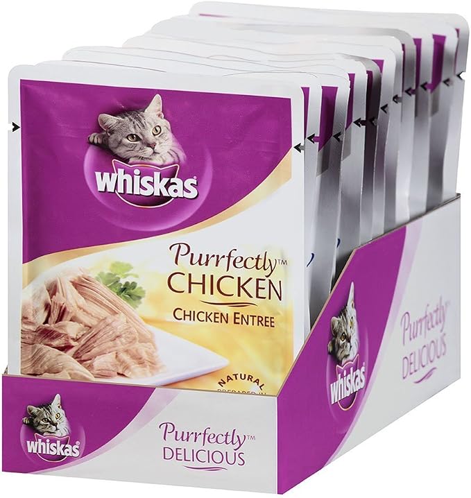 Whiskas Purrfectly Chicken Wet Cat Food Pouches, 3 oz, 24 count | Real chicken in natural juices, natural ingredients, flake texture, nutritionally complete for adult cats, Flavor-Lock Pouch