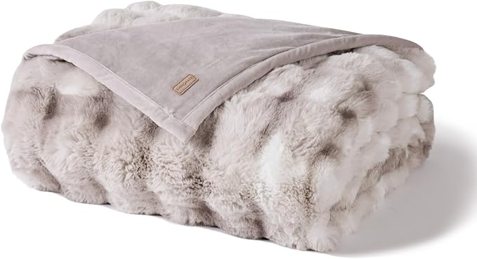 Faux Rabbit Fur Bubble Throw Blanket, 90"x90", Light Grey | Ultra Soft, Luxury Faux Rabbit Fur Throw, Thick Warm Bubble Blanket, Cozy Fluffy Reversible, for Bed, Couch, Chair, Sofa