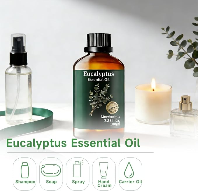 Eucalyptus Essential Oil, Mint Scent, Diffuser, Outdoor & Spray, 3.38 Fl Oz | Steam-Distilled. Invigorating, Clean Scent for Outdoor, Patio, Home & DIY Spray. Skin & Hair Care. Always Dilute Before Use