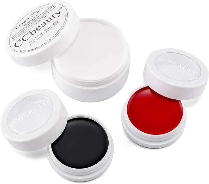 CCbeauty Clown Makeup Kit Professional White Black Red Face Paint Foundation Cream, 6 Brushes,Red Nose for Halloween Special Effects SFX Joker Skeleton Vampire Zombie Cosplay Dress Up Makeup