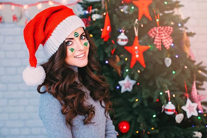 Christmas Face Gems Tattoo Stickers Xmas Body Jewelry Facial Rhinestone Tattoo Santa Claus Snowman Christmas Tree Design Temporary Tattoo Sparkly DIY Jewel Paste for Christmas Halloween Party Carnival Festival Makeup(4 Sets)