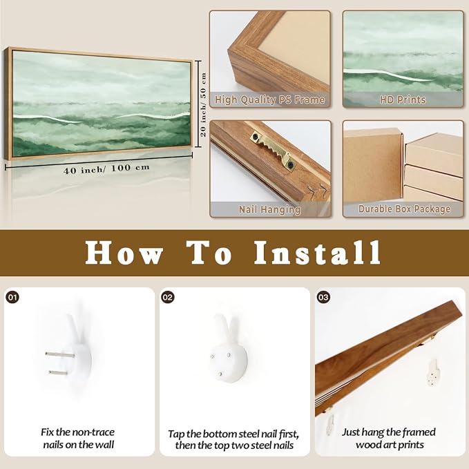 ANHUIB Large Green Abstract Framed Wall Art 20x40 Inch Sage Green Landscape Canvas Wall Decor Beige Neutral Watercolor Lake Textured Illustrations Painting for Living Room Bedroom Dining Room