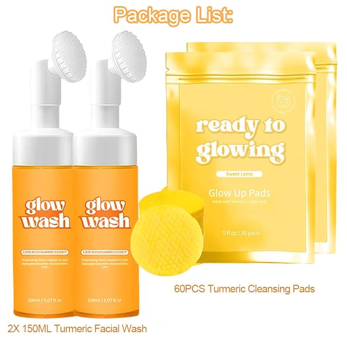 2PCS Turmeric Wash and Care, Turmeric Facial Wash and 60PCS Face Cleansing Pads, Cleansing Exfoliating Pads for Face & Body Natural Skincare