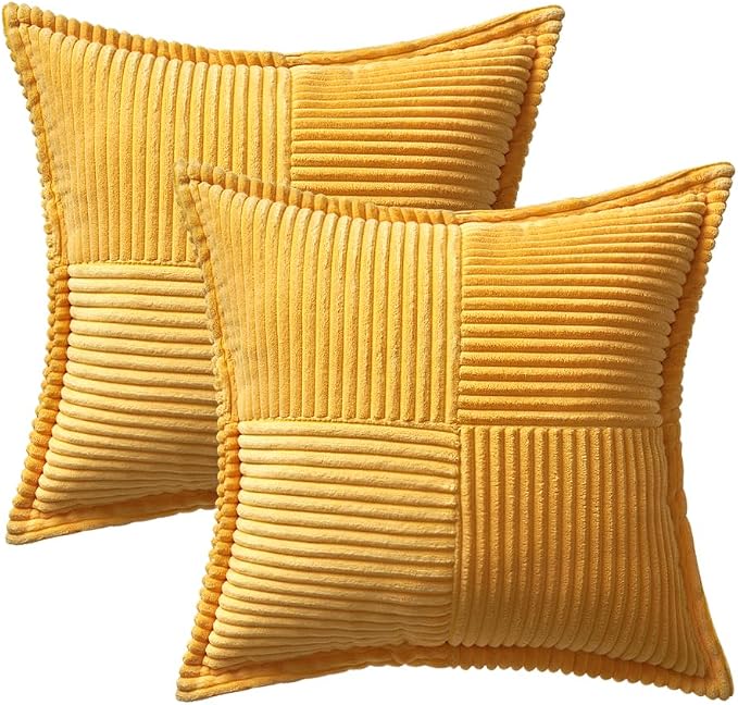 MIULEE Golden Yellow Corduroy Pillow Covers 20x20 Inch with Splicing Set of 2 Soft Boho Striped Pillow Covers Broadside Decorative Textured Summer Pillowcases for Couch Cushion Bed Livingroom