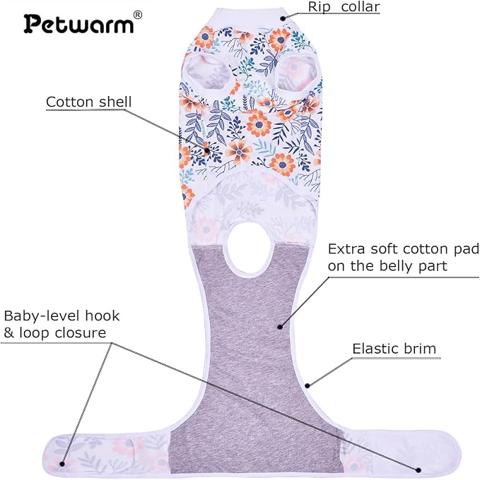 PetWarm Post Surgery Dog Onesie, Onesies for Dogs, Bodysuit for Abdominal Affected Areas Sensitive Skin Areas, Dog Cone Alternative After Surgery, Flower Pattern, Orange, 2XL