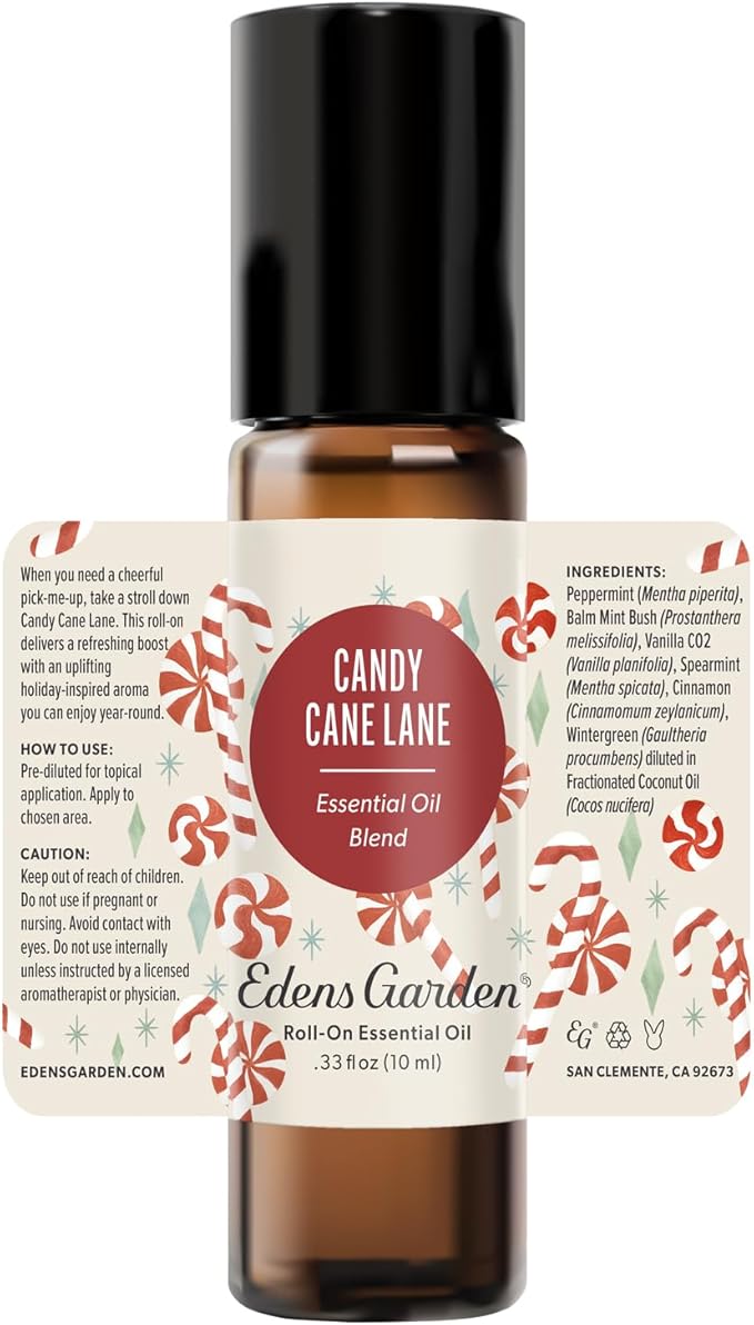 Edens Garden Candy Cane Lane Essential Oil Roll-On – Pre-Diluted Peppermint Blend, Cooling Holiday Aromatherapy for Headaches, Stress & Wellness Gifts, 10 ml (.33 fl oz)