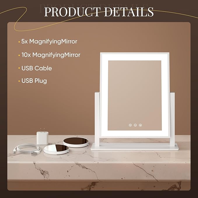 DECADENCE Makeup Mirror, 14’’ LED Vanity Mirror with Lights Detachable 10X/5X Magnification, 3 Color Lighting Modes,Smart Touch Control,360°Rotation Tabletop Make Up Mirror for Bedroom Bathroom