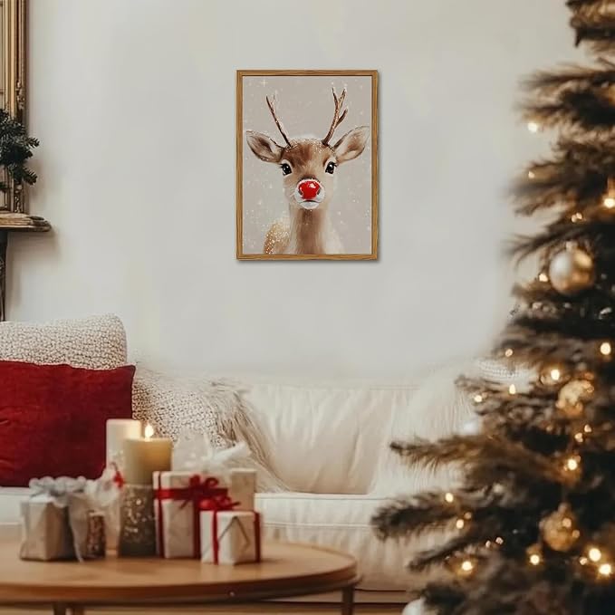 Framed Christmas Wall Art, Vintage Red Nose Reindeer Canvas Wall Decor Paintings, Rustic Winter Cute Deer Pictures Prints Farmhouse Home Decoration for Living Room Bedroom 12×16 inch