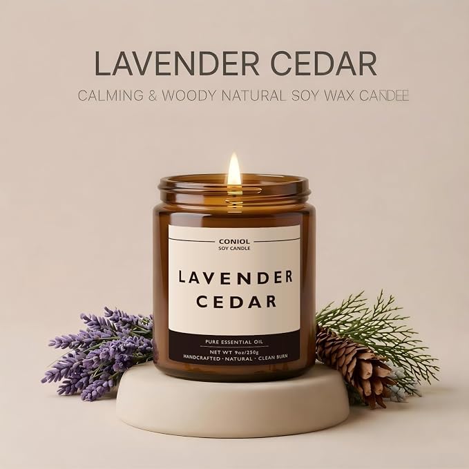Lavender Cedar Scented Candles for Home, Natural Soy Wax Candle with Essential Oils, 9oz Amber Jar Aromatherapy Candel, 50H Long & Non-toxic Burning, Hand Poured, Giftable, Relaxation, Birthday