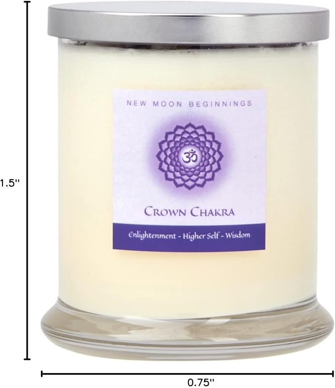 Crown Chakra Candle by New Moon Beginnings - Chakra Candles - Dried Flower, Herb, & Crystal Candles - Aromatherapy Candles - Soy Candle - 12oz Glass Jar