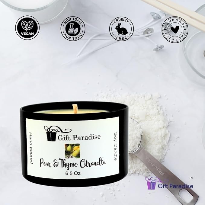 Pear and Thyme Citronella, Soy Wax Candle, Black Metal Tin, 6.5 oz, Cotton Wick