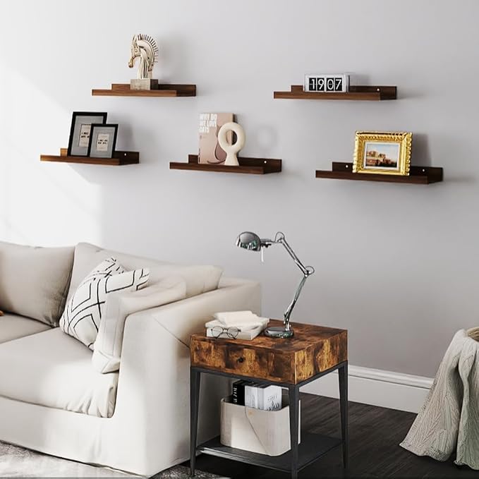 RICHER HOUSE 5-Set Floating Shelves with Lip, Walnut Wall Mounted Shelf | Display Picture Ledge Shelf, Anti-drop lip Shelf for Room Wall Decor, Bedroom Bathroom Storage Nursery Books, Easy Setup 16in