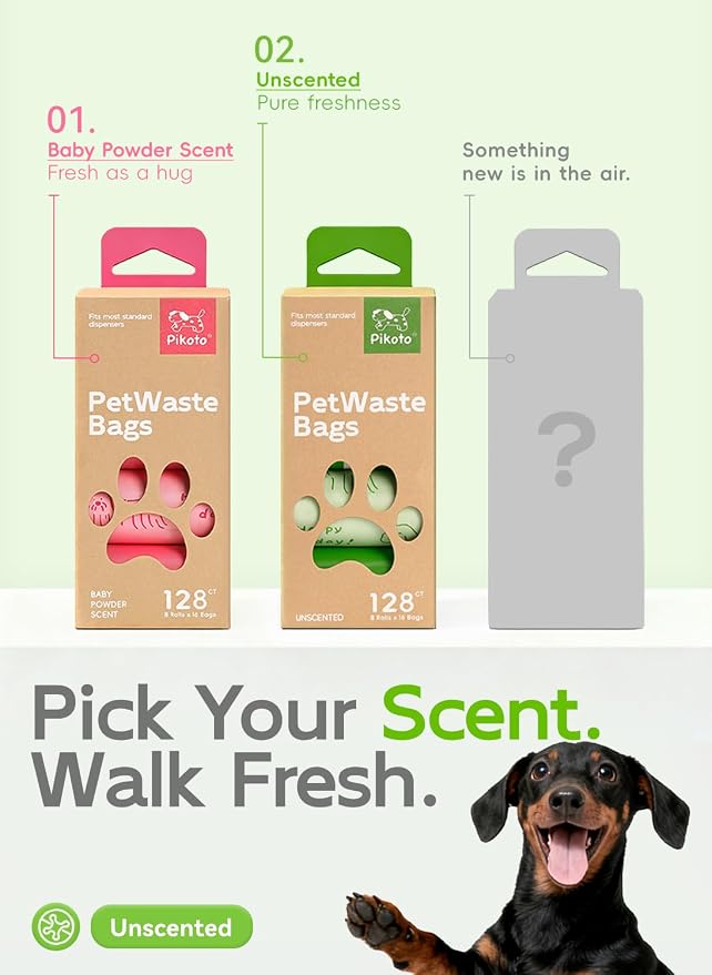 Dog Poop Bags, 128 Count, Unscented, Green | Fragrance-Free Formula, Extra Thick, 60% Recycled Plastic, 16 Bags Per Roll, Dual Green Designs, Easy-Peel Sticker