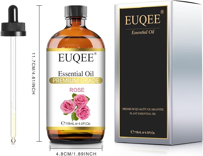 EUQEE Rose Essential Oil 118mL Large Capacity Rose Oil Premium Essential Oil with Glass Dropper for Diffuser, Soap & Candle Making, Aromatherapy - 4Fl. Oz