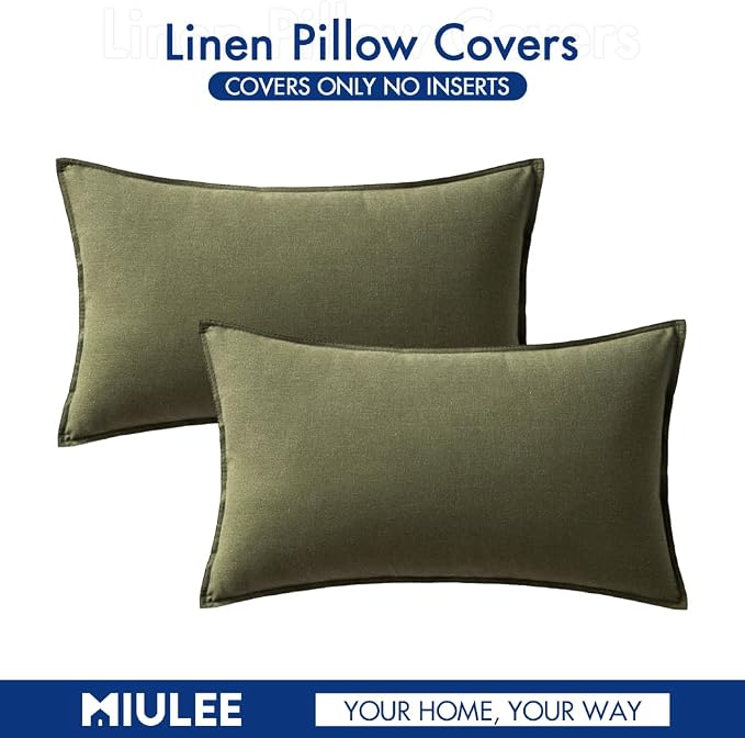 MIULEE Lumbar Decorative Linen Pillow Covers 12x20 Inch Olive Green | Pack of 2 Boho Farmhouse Modern Accent Throw Pillows, Soft Neutral Cushion Covers, Home Decor for Sofa Couch Bed Living Room