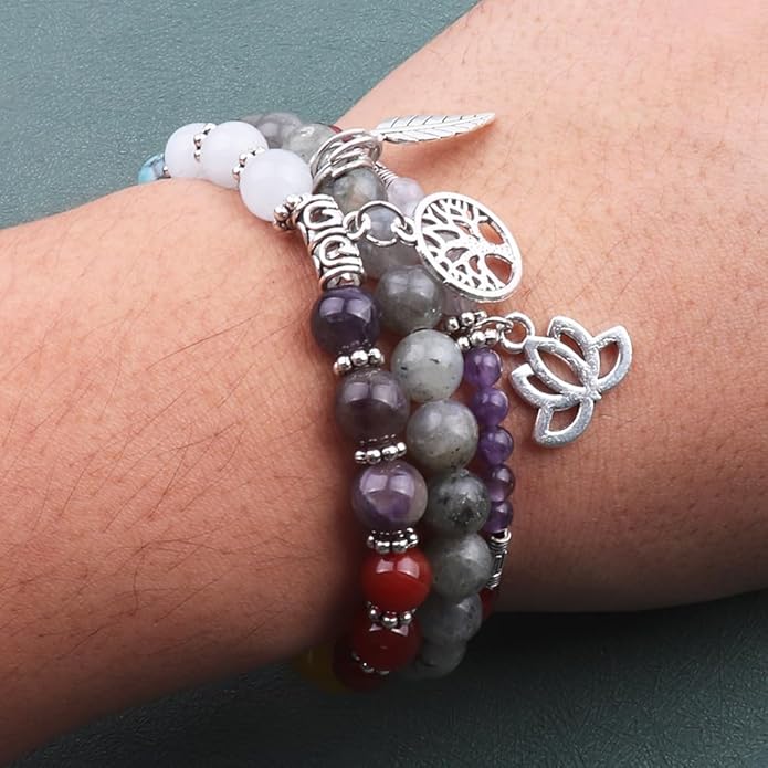 UEUC Tree of Life Yoga Healing Stone Bracelets,Multilayer Lotus Chakra Stone Reiki Bracelet Sets,Anxiety Crystal Natural Stone,for Women Stress Relief