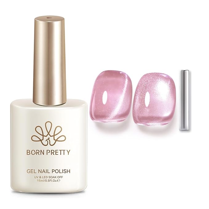Born Pretty Pink Cat Magnetic Eye Gel Nail Polish 15ML,Jelly Glass Peach Pink Crystal Glitter Shimmer Translucent Magnetic Gel Polish with Magnet,Soak Off U V Gels for Women Girl