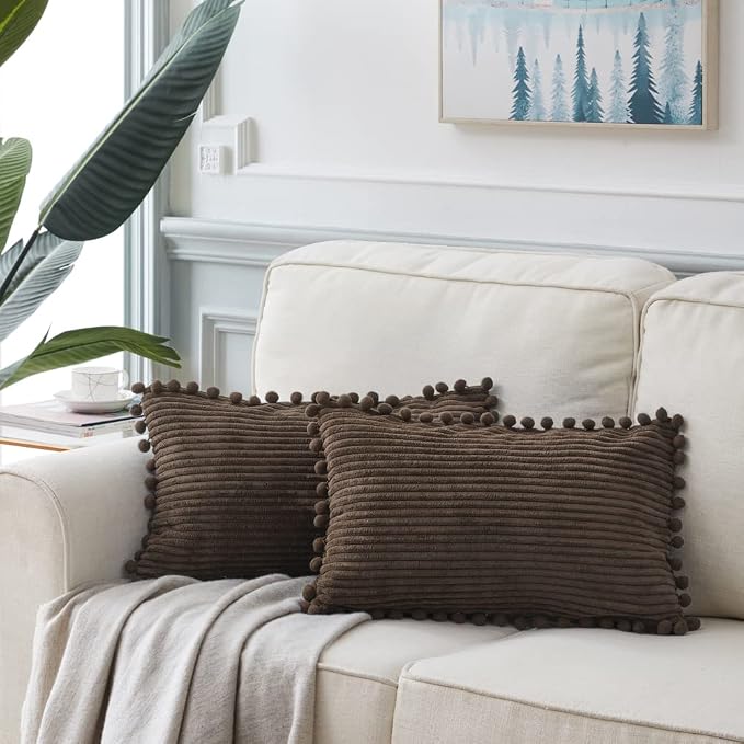 Fancy Homi 2 Pack Dark Brown Lumbar Decorative Throw Pillow Covers 12x20 Inch with Pom-poms for Couch Bedroom, Soft Corduroy Solid Rectangle Cushion Case 30x50 cm, Farmhouse Boho Home Decor