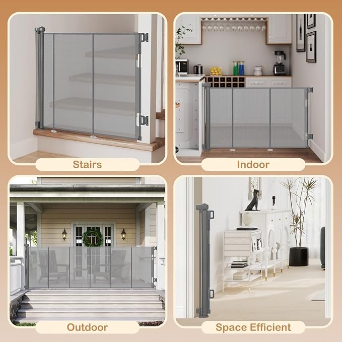 SMONTER Extra Wide Retractable Dog Gates, Mesh Baby Gate with Support Rods Extend to 118" Wide 44" Tall, Portable Safety Retractable Gate for Stairs, Indoor/Outdoor, Gray