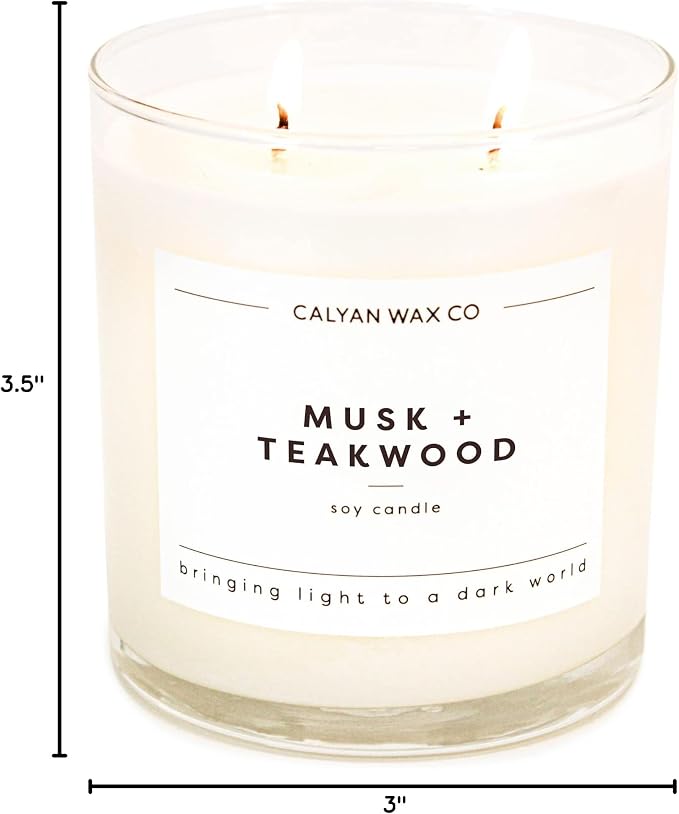 Calyan Wax Co. Musk & Teakwood 2 Wick Scented Candle - 37 Hour Burn - Luxury Clean Soy Wax Candles - Long Lasting Large Glass Jar Candle for Home - 8.8oz