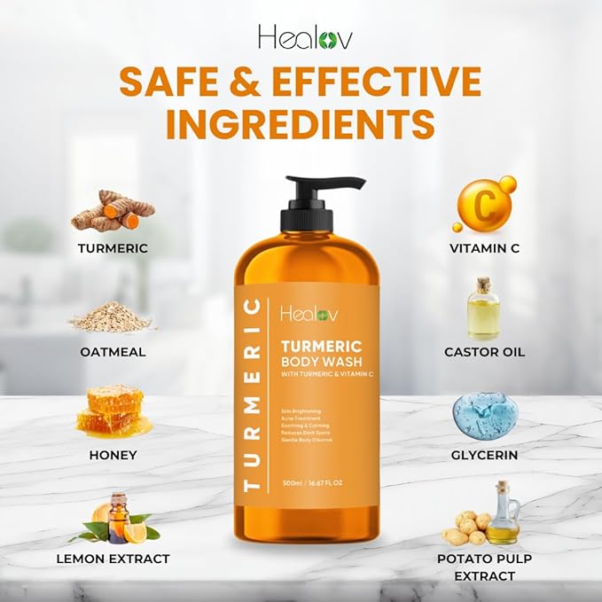 Healov Turmeric Body Wash – Skin Brightening Soap for Dark Spots, Hyperpigmentation – Exfoliating Turmeric Face Wash Reduces Acne, Scars, & Cleanses Skin – Natural Bath Liquid Soap