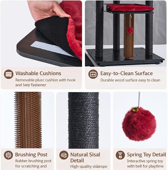 FourFurPets Heavy Duty Cat Tree, 67.7" Cat Tree for Indoor Cats Large Adult, Modern Cat Tower for Large Cats, Cat Tower with Scratching Post, Large Perch and Removable Pads,Black & Red