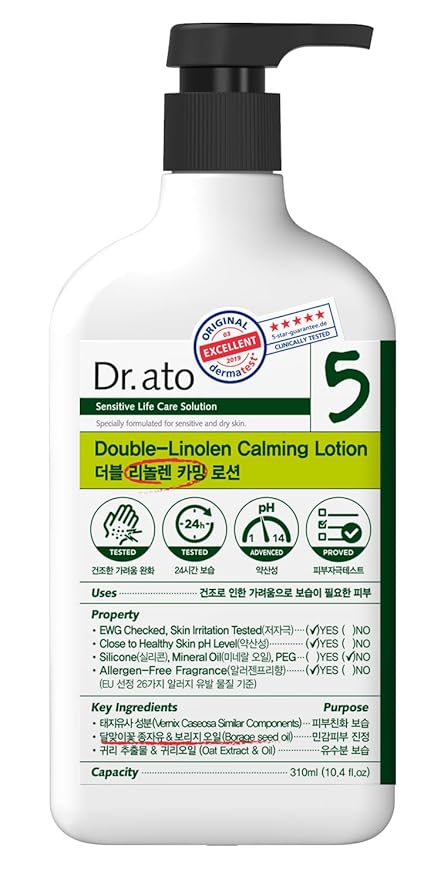 Dr.ato Skin Calming Lotion for Body & Face with Gamma-Linolenic Acid, for Dry and Itchy Skin, Vegan, Korean Skincare (10.4 Fl Oz)