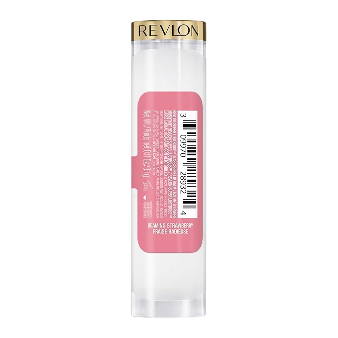 REVLON Super Lustrous Glass Shine Balm, Hydrating Tinted Lip Balm with Hyaluronic Acid, Aloe & Rose Quartz, Medium Pink Lipstick, NEW Shade, 018 Beaming Strawberry, 0.11 oz