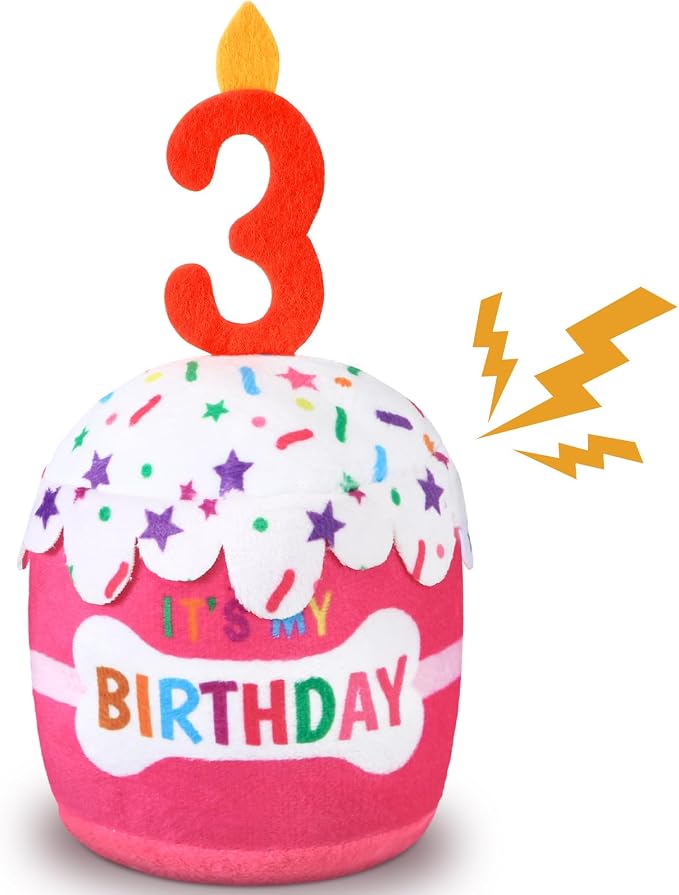 Dansydaisy Dog Birthday Cake Toy Squeaky Plush Gift,3rd,Pink