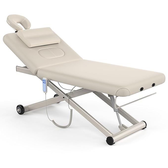 Heavy Duty Electric Massage Table, Electric Lift and Electric Backrest 2 Motor Adjustable for Treatment / Medical Spa / Facial Bed / Beauty Bed / Massage Bed and More - 32 Wide x 75 Long, Beige Gray