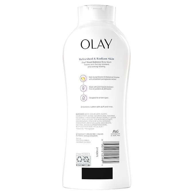 Olay Body Wash for Women, Fresh Radiance, Refreshing & Renewing, Made with Plant Based Cleansers, B3 Botanical Complex, For All Skin Types, Fresh Berries Scent, 22 fl oz (Pack of 4)