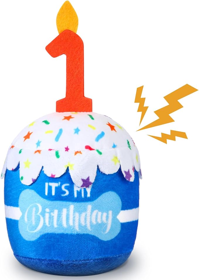 Dansydaisy Dog Birthday Cake Toy Squeaky Plush Gift,1st,Blue