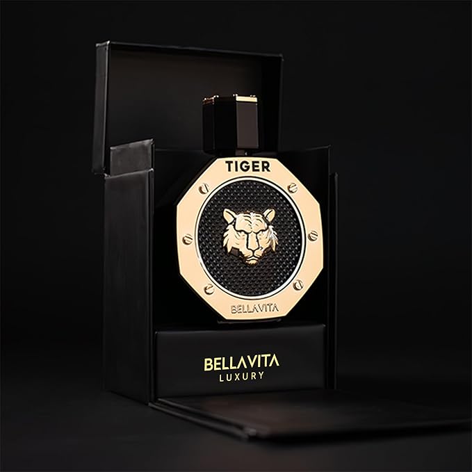 BellaVita Luxury TIGER Perfume for Men (3.38 Fl.oz) | Amber OUD, Patchouli, Bergamot, Lavender & Agarwood | Premium Lasting Men's Fragrances | Eau de Parfum gift for Men | Woody & Smooth Mens Purfume