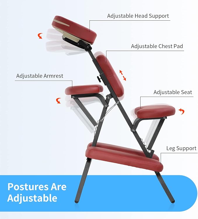 Portable Massage Chair for Tattoo and Spa Foldable Massage Therapy Chair with Adjustable Face Cradle High-Density Cushion Lightweight Design with Carrying Bag Ideal for Salon Use (Burgundy)