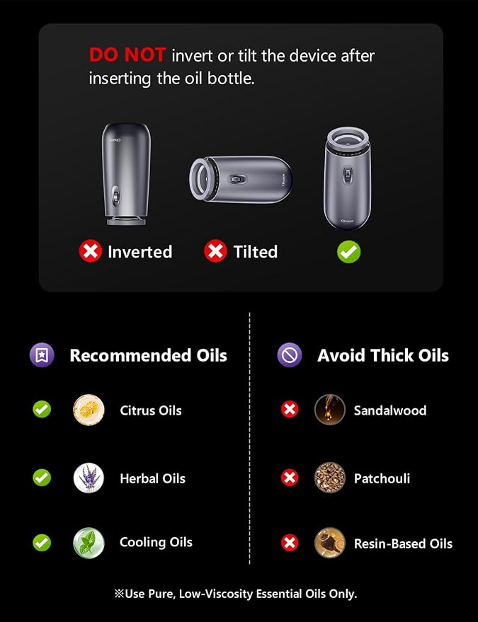 Waterless Essential Oil Diffuser with 2x10mL Oil, Battery Operated,Portable | Oil-Saving Design | Smart Memory | Aluminum | 3 Mist Levels | 3 Ambient Light Modes | Ultra Quiet | for Home Office Car