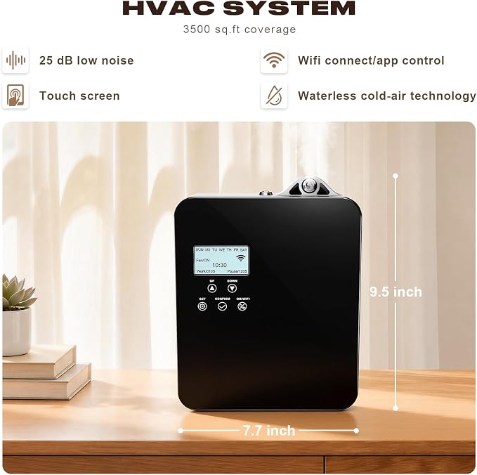 Smart Scent Diffuser HVAC Systems - 3500 Sq.Ft Whole-Home Coverage for Hotel & Home Aroma, 300mL Waterless Cold Air Oil Diffuser with App & Touchscreen Control (Black)