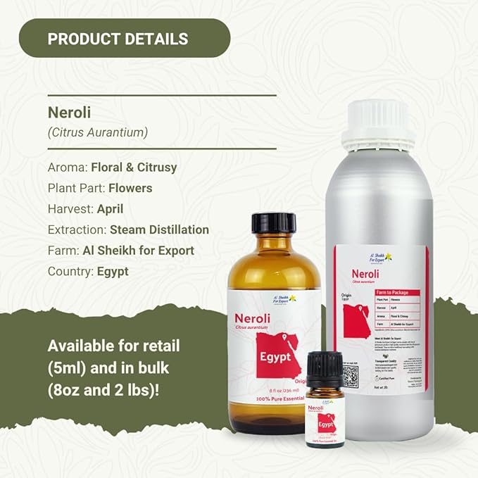 Neroli Essential Oil - Direct from Al Sheikh for Export Egypt - Steam Distilled - Aceite de Neroli for Aromatherapy, Massage, Diffuser, DIY Candle and Soap Making - 5ml
