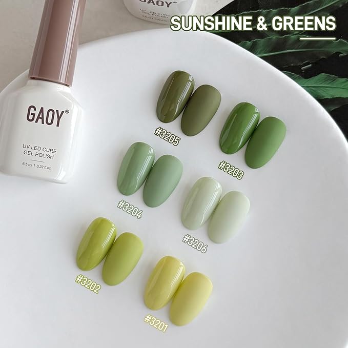 GAOY Green Gel Nail Polish Set, 6 Colors Dark Green Yellow, UV Cure Gel for DIY Manicure at Home