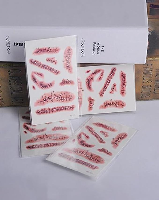 Tinuos Horror Realistic Fake Bloody Wound Stitch Scar Scab Waterproof Temporary Tattoo Sticker Halloween Masquerade Prank Makeup Props-5PC 5PCs