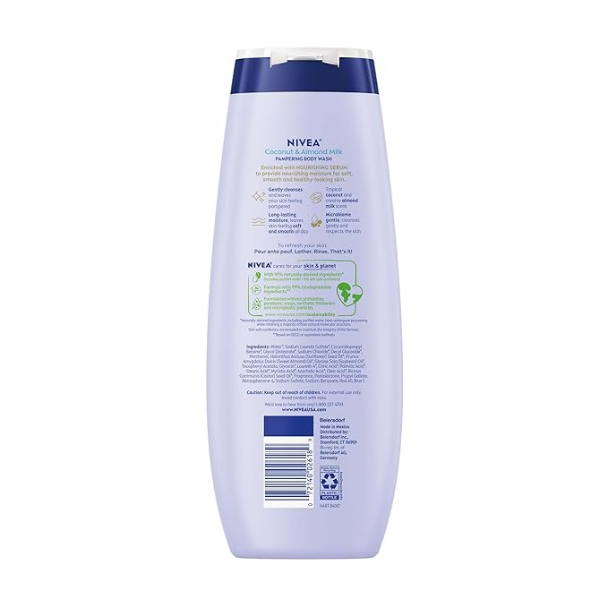 NIVEA Pampering Coconut and Almond Milk Body Wash with Nourishing Serum, Moisturizing Body Wash for Women, Enriched with Provitamin B5 and Vitamin E, 20 Fl Oz Bottle