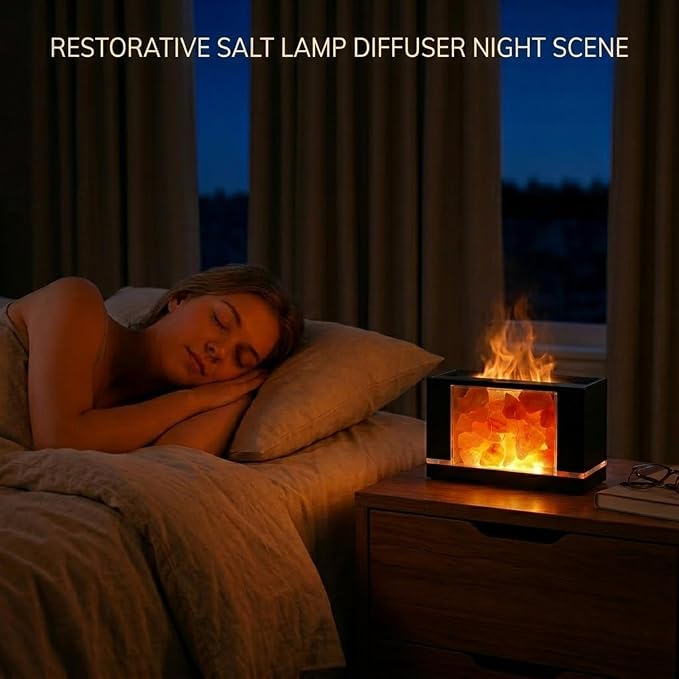 3 in 1 Ultrasonic Essential Oil Diffuser & Himalayan Salt Lamp, Flame Aromatherapy Diffuser Cool Mist Humidifier with 7 Color Lights, 100% Pure Pink Salt Rock, Auto-Off & Timer, 100ML (Black)