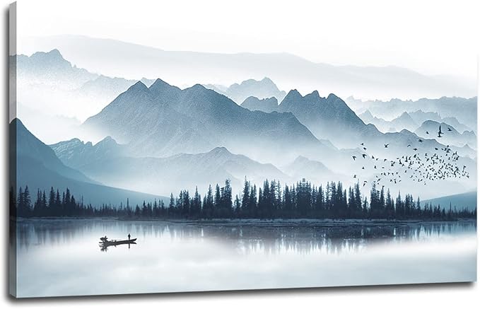 arteWOODS Indigo Canvas Wall Art Misty Mountain Wall Pictures Foggy Lake Boat Painting Print Blue Forest Birds Artwork Wall Decor for Living Room Wall Decorations Framed Ready to Hang 29" x 58"