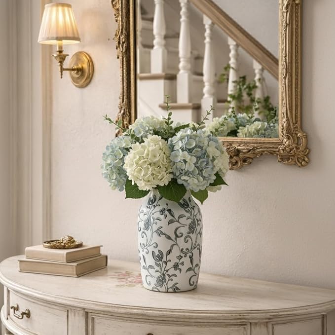 SIDUCAL Ceramic Vintage Vase, 7 Inch Retro Ice Cracked Chinoiserie Floral Vase, Rustic Farmhouse Vases for Home Decor, Bookshelf, Office, Garden, Chinoiserie Decor, Tuscan Decor, Gray Floral Pattern