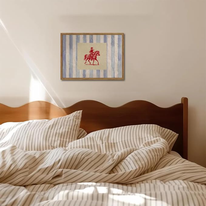 Vintage Western Wall Art, Mid Century Cowboy Rodeo Wall Decor, 12x16 in Framed, Striped Southwestern Poster Canvas Prints Country Horse Riding Artwork for Bedroom Living Room Farmhouse