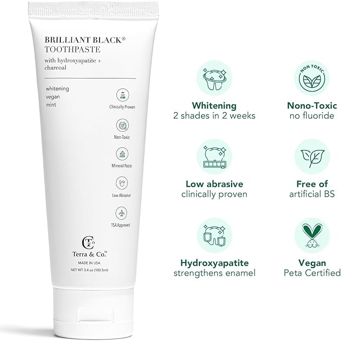 Terra & Co. Brilliant Black Hydroxyapatite Toothpaste for Whitening Teeth – USA-Made - Natural Remineralizing Toothpaste, Fluoride-Free, Vegan, SLS-Free, Low Abrasion – Mint, 3.4 oz